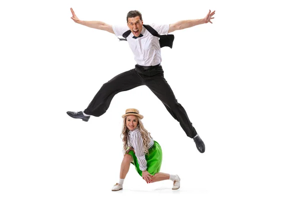 Joy Wow Delight Excited Young Man Girl Dancing Jumping Having — Stock Photo, Image