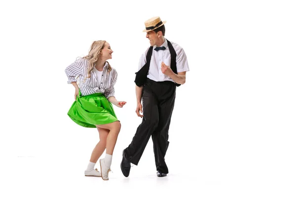 Music Dance Astonished Young Man Woman Retro Style Outfits Dancing — Stock Photo, Image