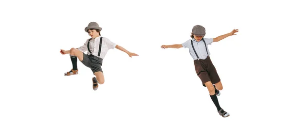뛰어내려 소년들 소년들이 격리되어 복고풍의 소년기의 고전적 스타일 광고용 — 스톡 사진