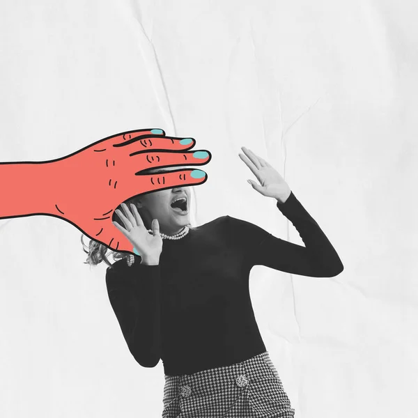 Close your eyes to whats going on in the world. Huge drawn red hand closing eyes of young shocked woman in retro fashion style clothes isolated over white background. Contemporary art collage.