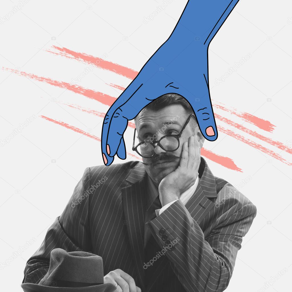 Depression. Big drawn hand clasping a mans head. Young business man wearing retro style suit keeps silence. Contemporary art collage. Ideas, imagination, politics. Copy space for ad