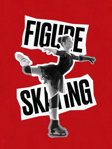 Original dance. Creative poster with bw portrait of little female figure skater on red background with lettering. Concept of movement, sport, beauty. Magazine style poster graphics