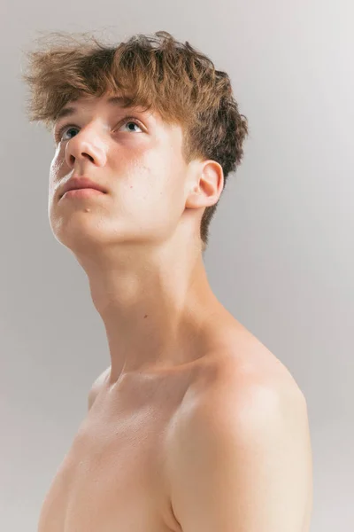 Looking Beauty Portrait Young Man Teen Isolated Grey Studio Background — Stock Photo, Image