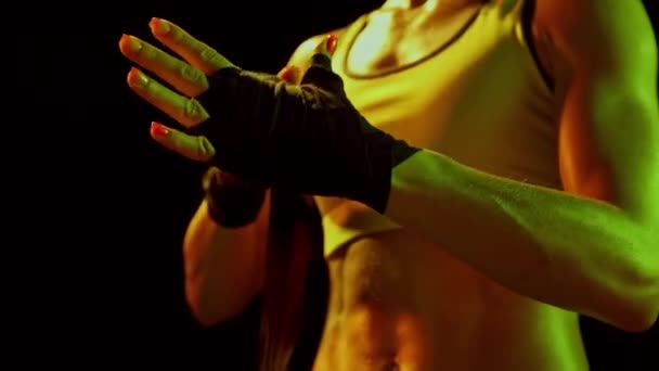 Closeup Muscled Female Boxer Hands Dark Smoky Studio Neon Light — Stock Video