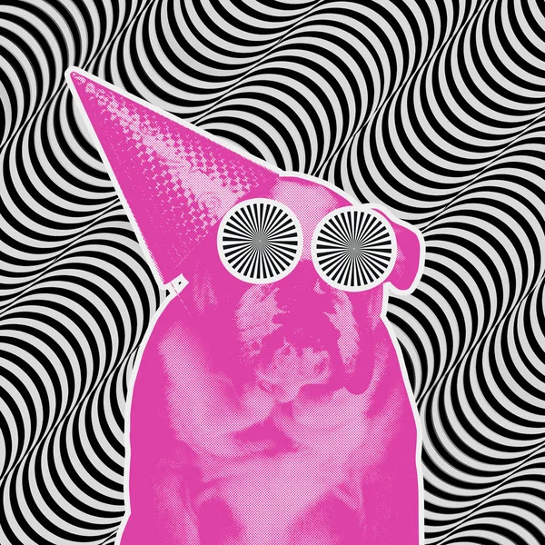 Crazy world. Contemporary art collage with dog silhouette like zombie isolated on optical illusion pattern background. Concept of creativity, art, imagination, animal. Magazine style, poster graphics