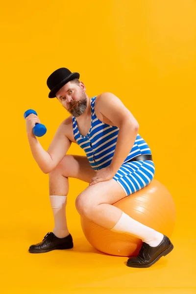 Strong Cute Fat Young Man Wearing Retro Striped Swimsuit Vintage — Stock Photo, Image