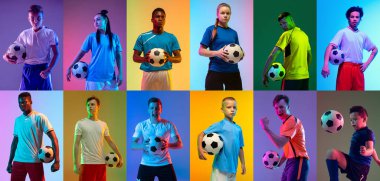 Futbol, bisiklet, tenis, atletizm. Bir grup profesyonel sporcu ve spor aletleri olan çocuklar neon ışıkta çok renkli arka planda izole edildiler. El ilanı. Reklamcılık, spor hayatı konsepti