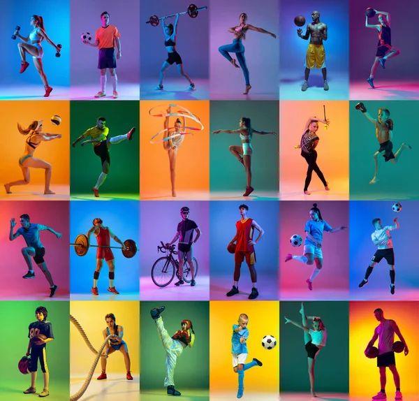 Judo, basketball, football, tennis, cycling, volleyball and gymnastic. Collage with images of different sportsmen, fit people and kids in action, motion isolated on multicolor background in neon.