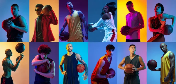 Sport Collage Profesjonalnych Sportowców Gradientowym Wielokolorowym Tle Neoned Koncepcja Ruchu — Zdjęcie stockowe