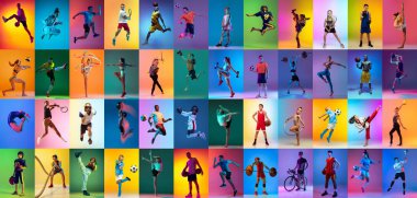 Futbol, bisiklet, tenis, atletizm. Bir grup profesyonel sporcu ve spor aletleri olan çocuklar neon ışıkta çok renkli arka planda izole edildiler. El ilanı. Reklamcılık, spor hayatı konsepti