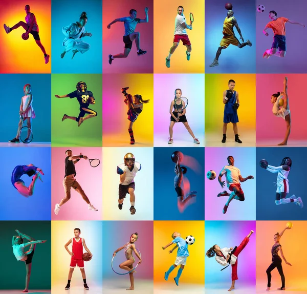 Basketball, football, tennis, cycling, gymnastics and boxing. Set of images of different professional sportsmen and kids in action, motion isolated on multicolor background in neon. Collage