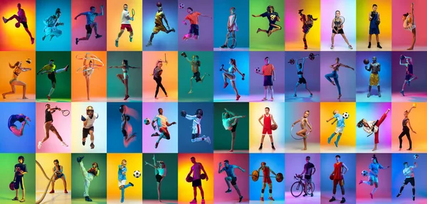 サッカー サイクリング テニスの陸上競技 ネオンの光の中で多色の背景に隔離されたスポーツ用品を持つプロのスポーツマンと子供のグループ フライヤー スポーツライフコンセプト — ストック写真