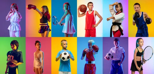 Profesyonel Atletlerin Spor Kolajı Rengarenk Arka Planda Hareket Kavramı Eylem — Stok fotoğraf