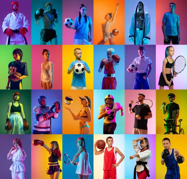 Basketball, football, tennis, cycling, gymnastics and boxing. Set of images of different professional sportsmen and kids in action, motion isolated on multicolor background in neon. Collage