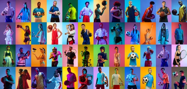 Sport Collage Professional Athletes Gradient Multicolored Neoned Background Concept Motion — Stock Photo, Image