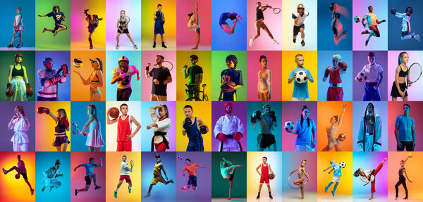 Sport collage of professional athletes on gradient multicolored neoned background. Concept of motion, action, active lifestyle, achievements, challenges. Football, soccer, basketball, tennis, boxing.