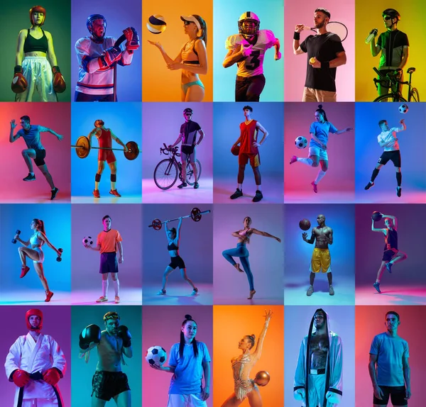 Basketball, football, tennis, volleyball, cycling, gymnastics and boxing, american football. Collage made of images of different professional sportsmen and kids isolated on colored background in neon.