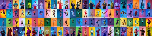 Collage Sportivo Atleti Professionisti Sfondo Sfumato Multicolore Neonato Concetto Movimento — Foto Stock