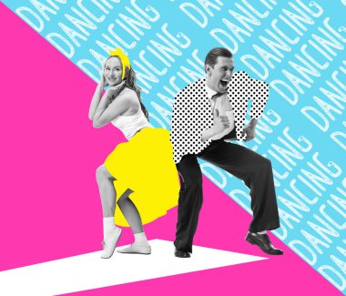 Jive. Energetic excited dancing couple in bright retro 70s, 80s style outfits dancing over colored background with drawings. Concept of art, music, fashion, party, creativity. Contemporary art collage clipart