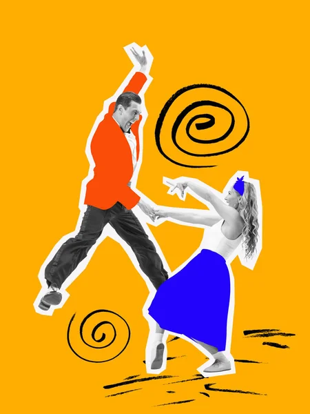 Jive Couple Énergique Dansant Excité Dans Les Années Rétro Lumineuses — Photo