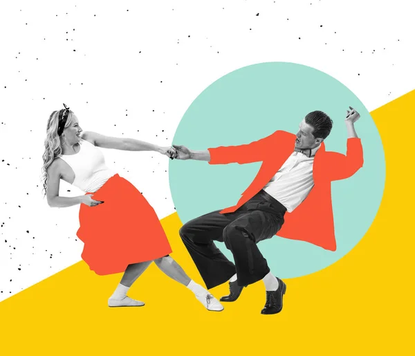 大きなエネルギーと動機 明るいレトロな70年代の若い幸せなダンスの男性と女性 80年代のスタイルの衣装は 図面で色の背景にダンス ファッション パーティー 創造性の概念 — ストック写真