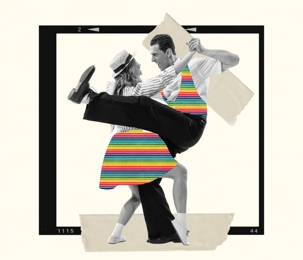 Jive Energetic Excited Dancing Couple Bright Retro 70S 80S Style — Stock Photo, Image