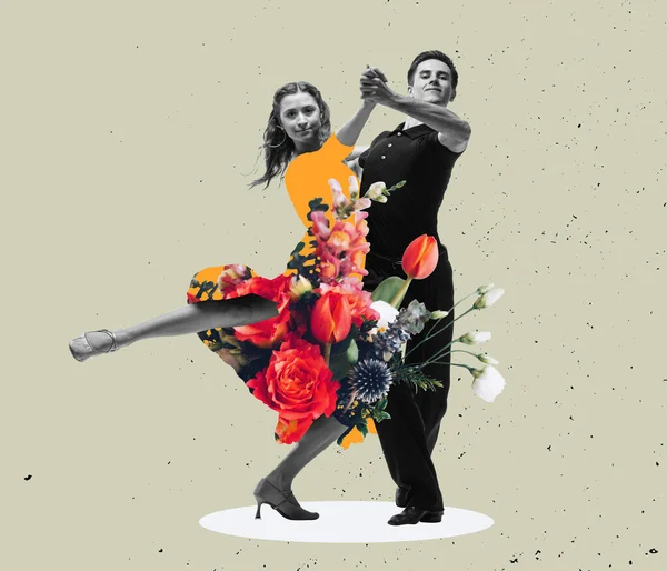 若いダンスボールルームのカップルは 光の背景に官能的なポーズで踊ります 現代美術のコラージュ 感情の概念 花のプリントとドレスを身に着けている美しい女の子 パターン — ストック写真
