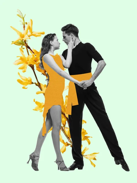 Spring mood. Young dance ballroom couple dancing in sensual pose on light floral background. Contemporaryart collage. Flower, music, art, emotions concept