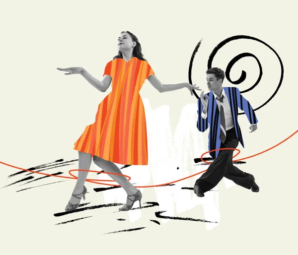 Social dancing, hobby. Contemporary art collage. Dancing couple in retro 70s, 80s styled clothes isolated over bright abstract background. Concept of art, music, fashion, party, creativity