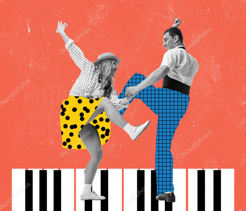 Big energy and motivation. Young happy dancing man and woman in bright retro 70s, 80s style outfits dancing over colored background with drawings. Concept of art, music, fashion, party, creativity.