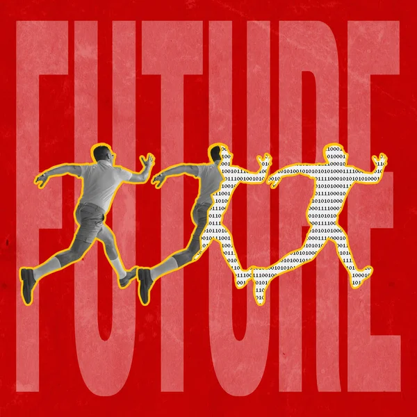 Digital future. Young man in retro style outfit running away over red background with lettering. Contemporary art collage. News, matrix, techno, cloning, digital reality. Poster for ad