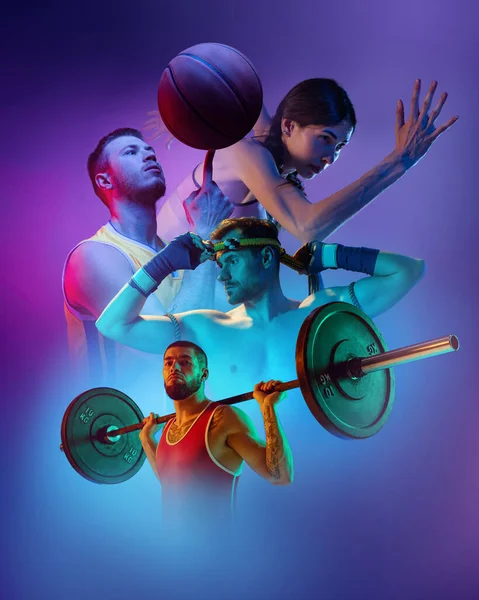 Kompozytowy Obraz Profesjonalnymi Sportowcami Biegaczami Koszykarzami Ciężarowcem Nad Fioletowym Smoky — Zdjęcie stockowe