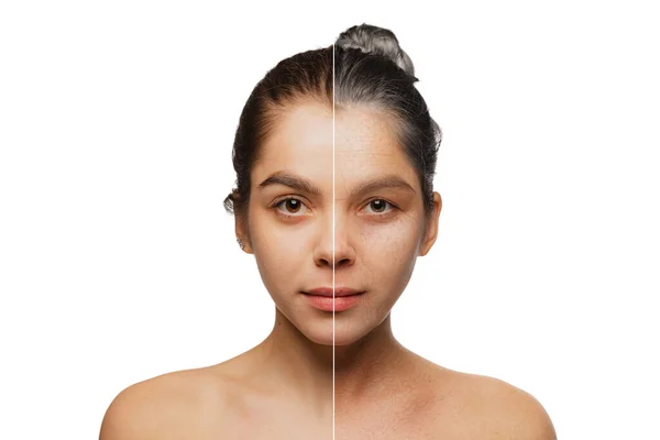 Composite Image Beautiful Girl Comparison Youth Maturity Skin Aging Process — Stock Photo, Image
