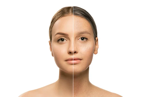 Composite Image Beautiful Girl Comparison Youth Maturity Skin Aging Process — Stock Photo, Image