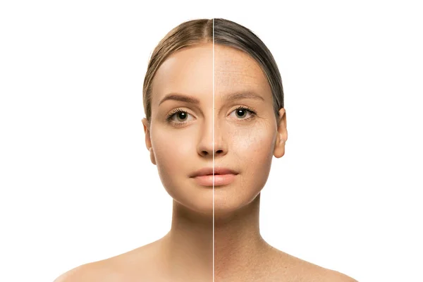 Composite Image Beautiful Girl Comparison Youth Maturity Skin Aging Process Royalty Free Stock Images