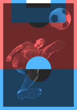 Yarı ton etkisi. Futbolla yaratıcı sanat eserleri, hareketli futbolcu ve geometrik elementlerle dolu renkli arkaplan üzerinde topla hareket eden aksiyon. Spor, enerji ve güç kavramı. Poster
