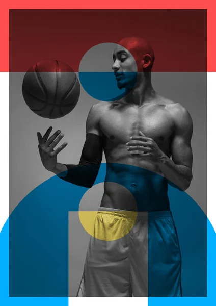 Collage Arte Contemporáneo Con Jugador Baloncesto Profesional Posando Con Pelota —  Fotos de Stock