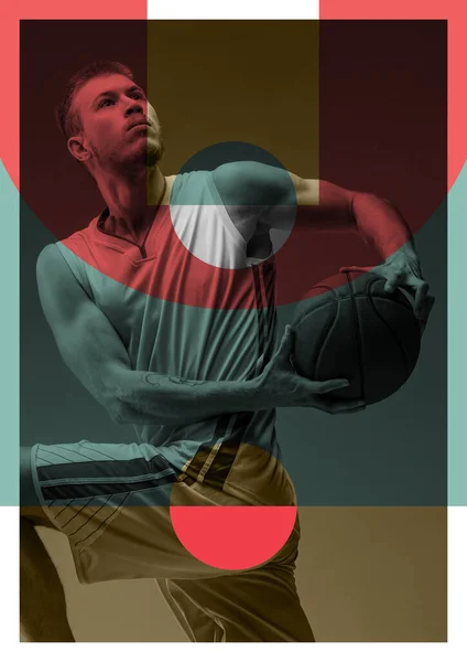 Młody Koszykarz Podczas Slam Dunk Abstrakcyjnym Kolorowym Tle Zamieść Ogłoszenie — Zdjęcie stockowe