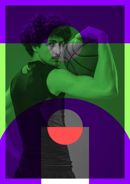 Contemporary Art Collage Professional Basketball Player Posing Ball Abstract Colored — ストック写真