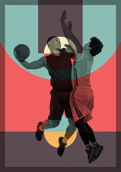 Jonge Basketbalspelers Vechten Voor Bal Abstracte Gekleurde Achtergrond Poster Advertentie — Stockfoto