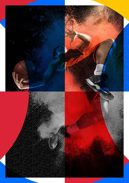 Jonge Basketbalspeler Tijdens Slam Dunk Abstracte Gekleurde Achtergrond Poster Advertentie — Stockfoto