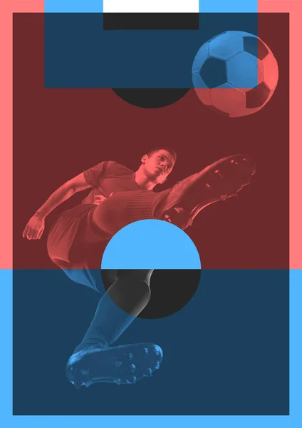 Halftone Effect Creatief Artwork Met Voetbal Footballspeler Beweging Actie Met — Stockfoto