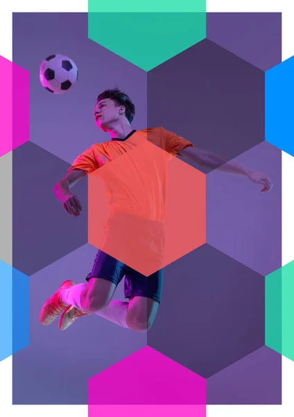 Hoofdtrap Halftone Effect Creatief Artwork Met Voetbal Footballspeler Beweging Actie — Stockfoto