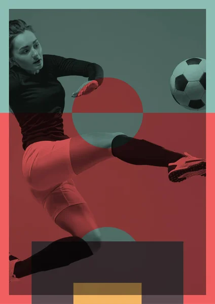 Poster Female Soccer Football Player Motion Action Ball Absract Colorful — Stock Photo, Image