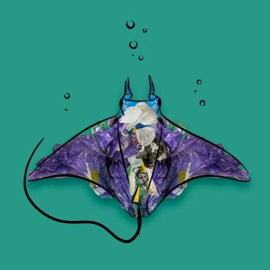 Eğim. Deniz hayatını kurtar. Mavi arka planda çöp ve plastik atık dolu çizilmiş balıklarla çağdaş kolaj. Su kirliliği, çevre, ekoloji, dünya sosyal ve eko sorunları