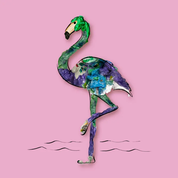 Conceptual art collage with painted bird flamingo filled with garbage and plastic waste isolated over pink background. Pollution, saving environment, ecology, world social and eco issues. Poster