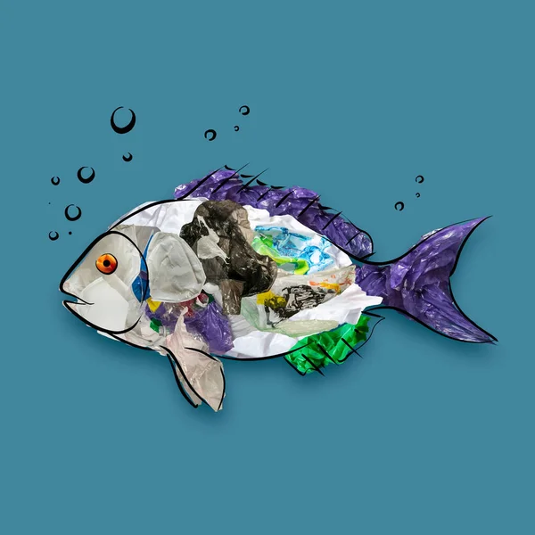 생물을 구합시다 현대의 콜라주에는 쓰레기와 플라스틱 폐기물로 물고기가 그려져 있습니다 — 스톡 사진
