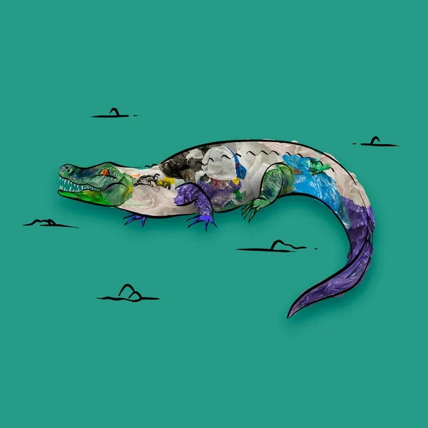 Crocodile Œuvre Art Conceptuelle Avec Des Animaux Marins Remplis Déchets — Photo