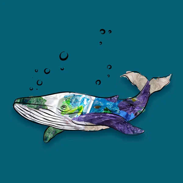 Whale. Save marine life. Conceptual art collage with drawn fish filled with garbage and plastic waste over blue background. Water pollution, saving environment, ecology, world social and eco issues