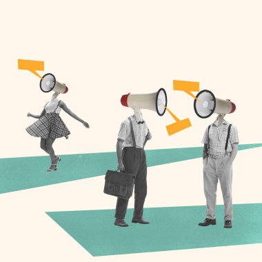 Kafaları yerine megafonlu bir grup insan. Çağdaş sanat kolajı. Fikirler, hayal gücü, sanat, sürrealizm. Sosyal meseleler, propaganda, akıl sağlığı kavramı. Bilgi yayını.